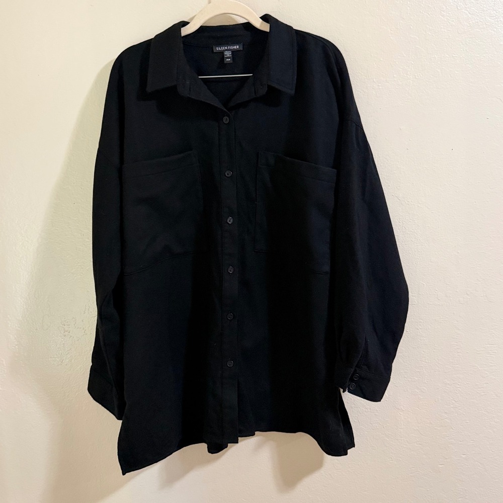 Eileen Fisher Button Down Women M Black  Oversized Wool Shirt Pockets minimalist